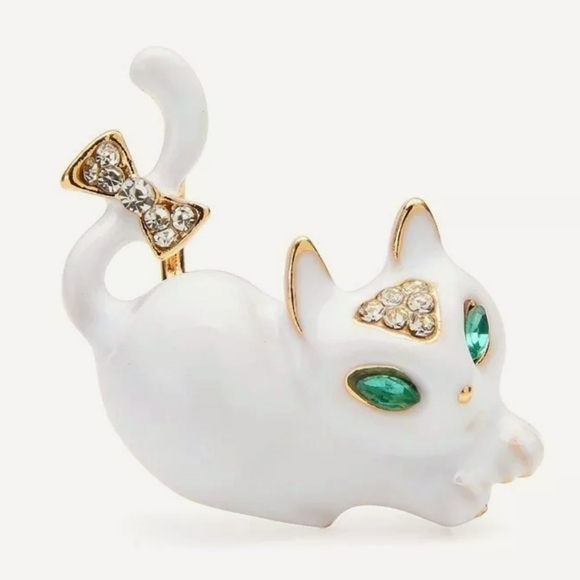 2 new gold plated black-and-white green crystal cat bow necklace/brooches - Picture 9 of 16